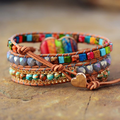 Boho Leather Chakra Jasper Natural Stone Crystal Bead Wrap Bracelets Collection - Picture 4 of 6