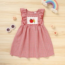 Toddler Girls' Back To School Dress Apple Embroidered Smocked Dress With Flying