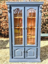LIGHTLY DISTRESSED HEAVY SOLID PINE GLAZED DISPLAY CABINET STIFF KEY BLUE F&BALL
