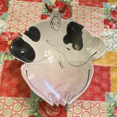 Handmade Studio Pottery Cow Bowl Farmhouse Country Decor Whimsical Ceramic.  