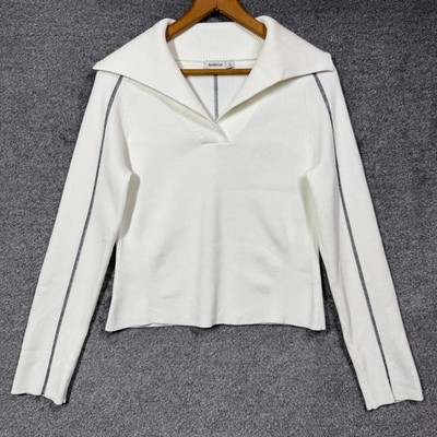 SIMKHAI Womens Ribbed Knit V-Neck Top White Black Contrast Seam XL Long Sleeve