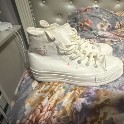 Converse White High Top Platform Canvas Sneakers Heart Accents Women's