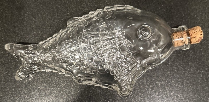 Vintage Hand Blown Murano Art Glass Clear Glass Fish Decanter Bottle With Cork