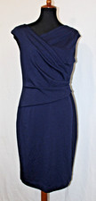 LRL Ralph Lauren Sz 10 Navy Blue Gathered Waist Faux Wrap Knit Sheath Dress
