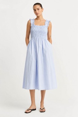Love, Bonito Periwinkle Blue Smocked Midi Dress Ruffle Straps Cotton L NWT