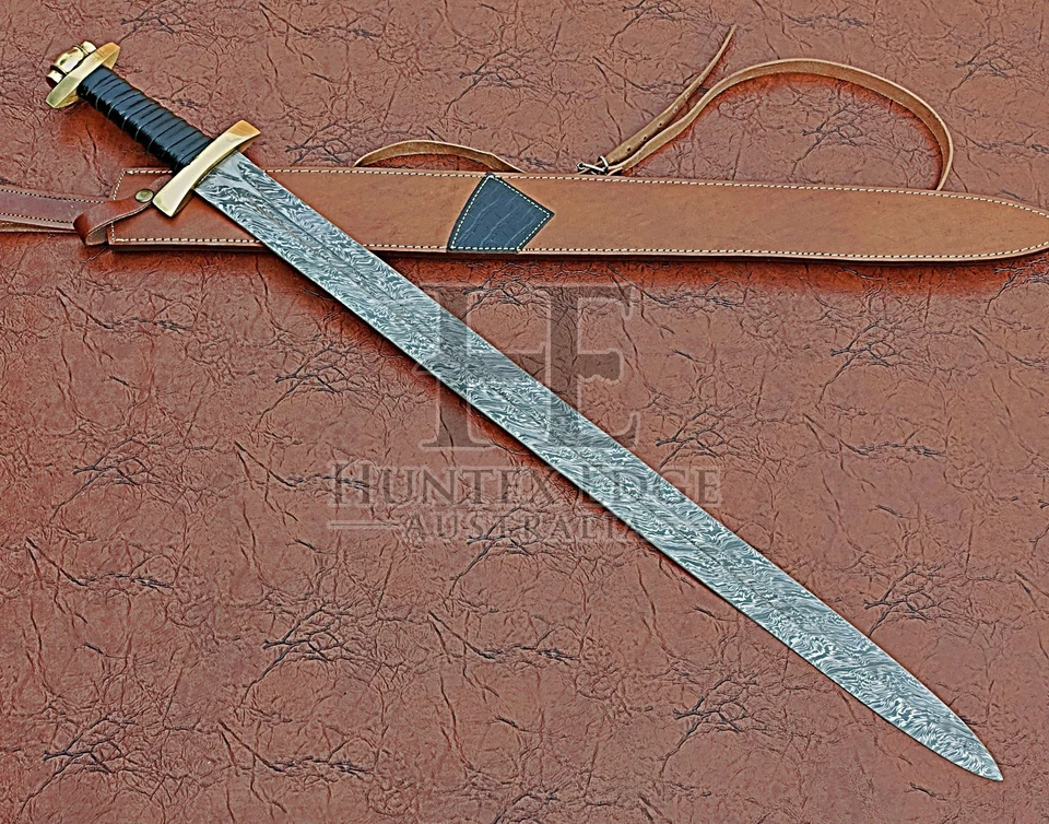 HUNTEX Handmade Damascus Blade, Leather Wrapped Hilt, 96cm Medieval Viking Sword - Image 3 of 4