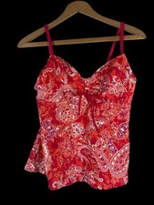 Lands End Tankini Swim Top Swimsuit Red Pink Paisley Underwire Sculpt Size 8