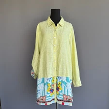 John Mark Linen button up tunic - shirt - green - tropical - scarf back -size XL