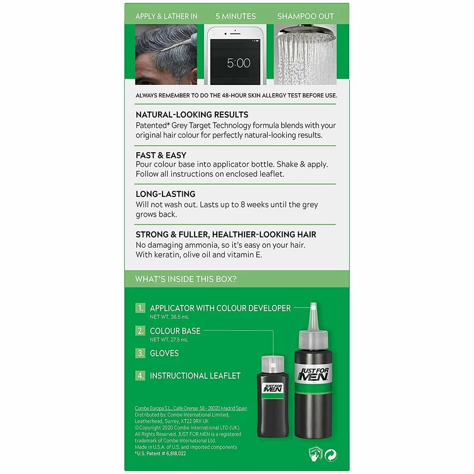 Champú para color de cabello fórmula original Just for Men H-55 negro real paquete de 1 unidad de 3 Foto 2 de 4