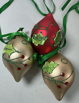 3pc Gold Green Glitter Holly Christmas Tree Ornaments Holiday Tree Decoration