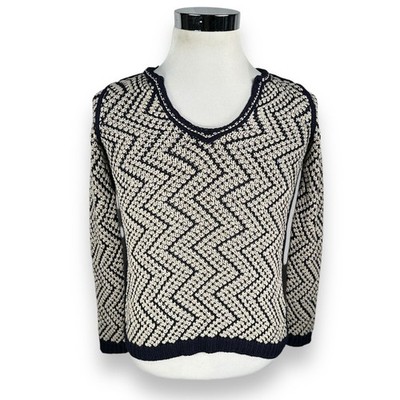 Tory Burch Crochet Tunic Sweater Womens XS Navy Beige Zig Zag V-Neck Knit Rayon