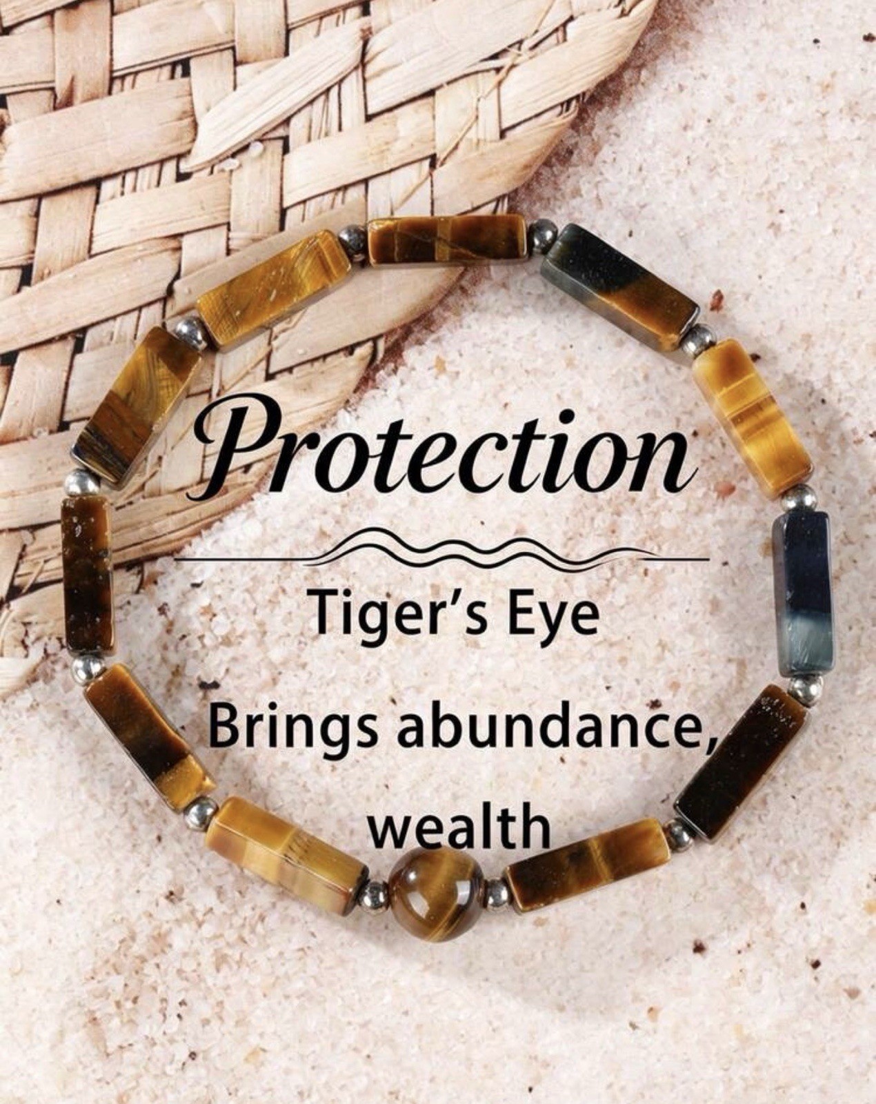 Bracelet pierre œil de tigre naturel rectangle marron bijoux homme femme perle plate