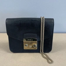 Furla Black Leather Mini Metropolis Chain Crossbody Bag - Preowned