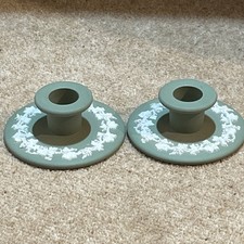 2 x Wedgewood Jasperware Green Pair of Candle Holders Candlestick Grapes Leaves