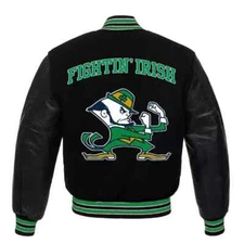 Letterman Notre Dame Fighting Irish Black Varsity Jacket - Leather Sleeves