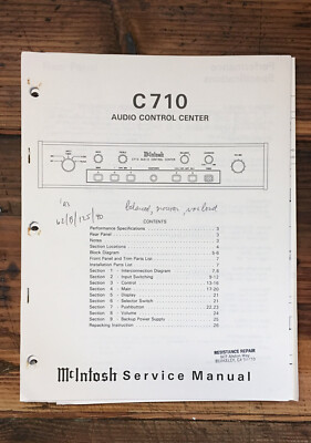 McIntosh C-710 Preamp / Preamplifier  Service Manual *Original*
