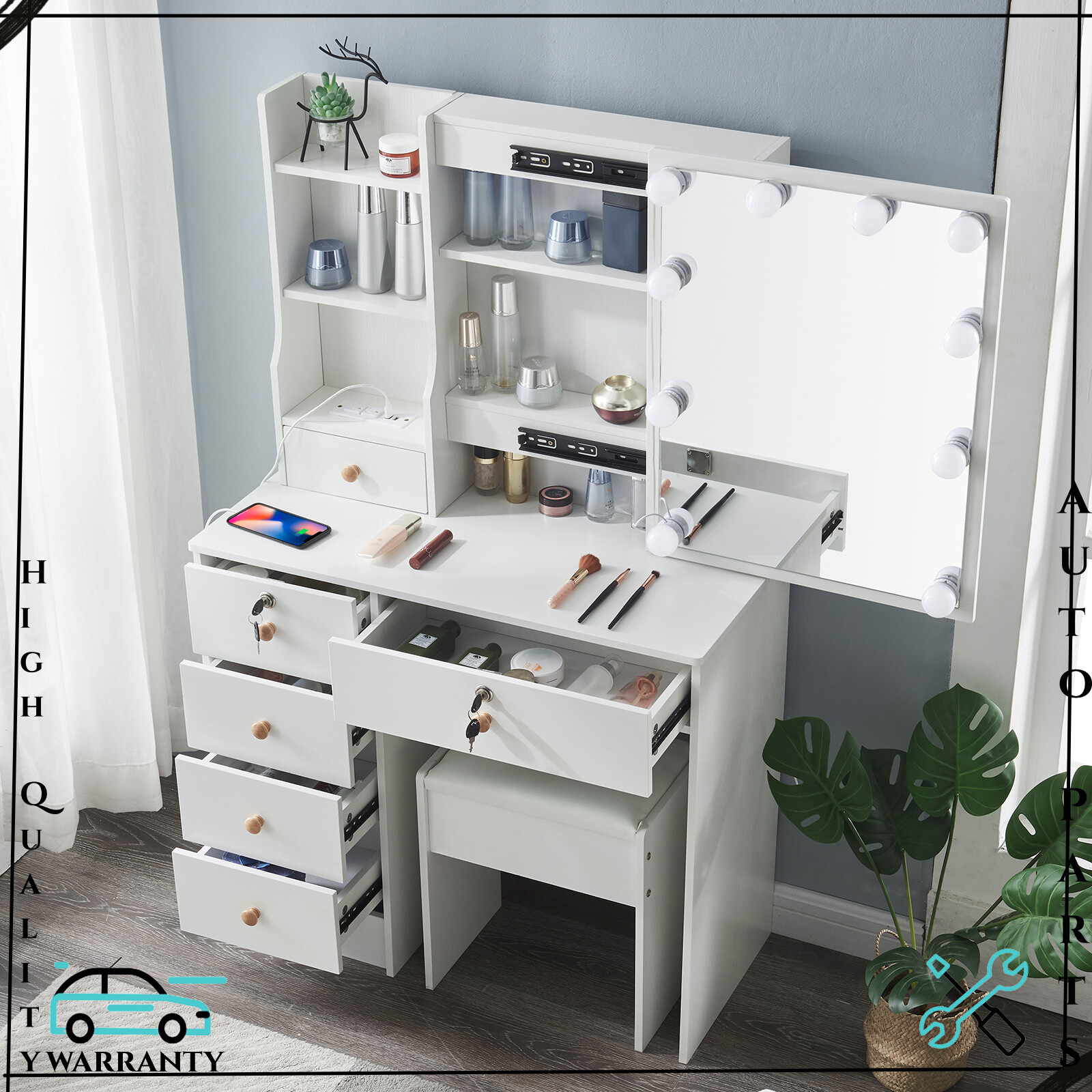 White Dressing Table Vanity Set W/ LED Lighted Mirror & Charging Station & Stool