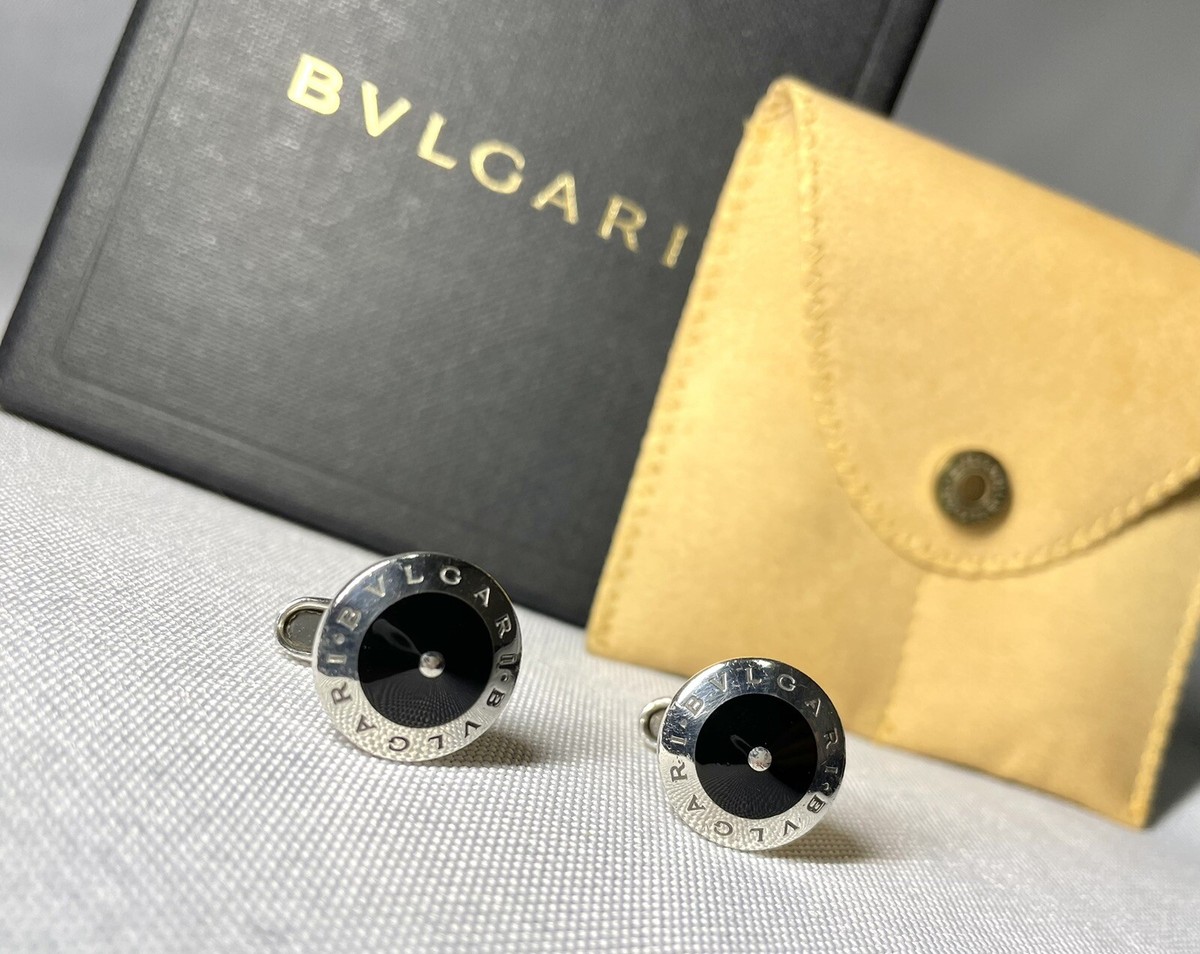 Auth beautiful BVLGARI Logo × Black Oval Cufflinks Sterling