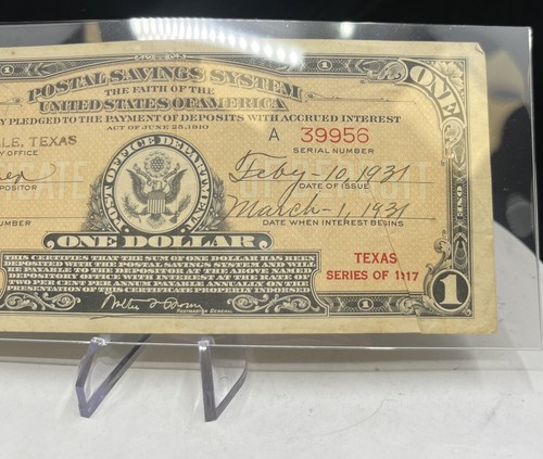Series 1917 $1 Farmersville Texas Postal Savings Certificate - Picture 3 of 6