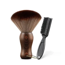 Barber Neck Duster Brush Wood Handle + Mini Clipper Brush Black Color Soft