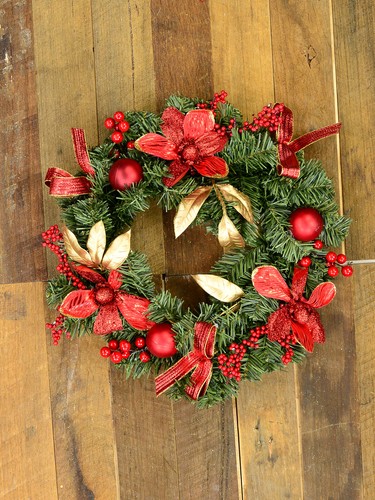 Decorated Red Bauble, Berry & Poinsettia & Gold Leaf Pine Wreath - 40cm - Picture 2 of 3