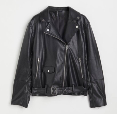 H&M Divided Black Vegan Faux Leather Belted Motorcycle Biker Jacket Womens Small