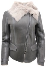 Women's Grey Short Toscana Shearling Sheepskin Wool Flying Jacket