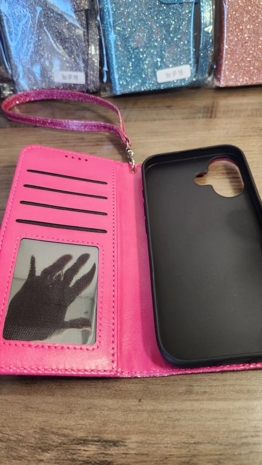 Funda tipo billetera para iPhone 16 con correa de espejo soporte para efectivo para tarjeta de crédito brillo Foto 3 de 4