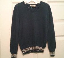 Young Versace Boys Kids Navy Blue Pullover V-Neck Monogram Designer Sweater Sz 6