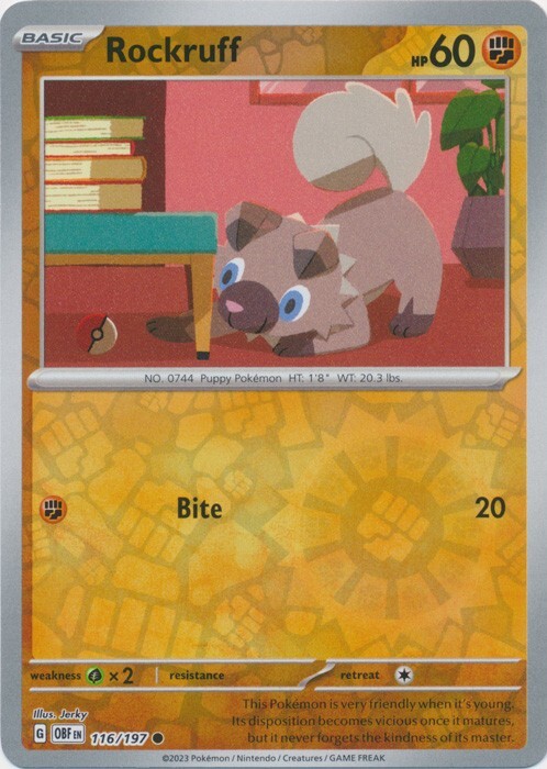 Reverse Holo Rockruff 116/197 Common  Obsidian Flames Pokemon TCG
