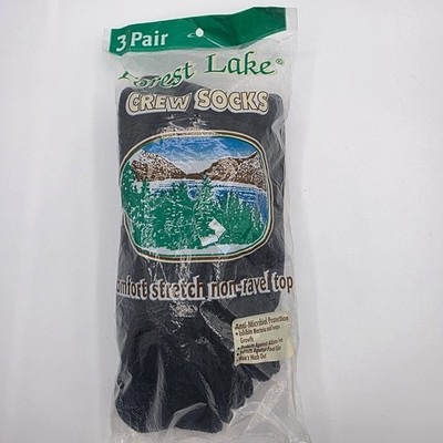 Forest Lake Crew Socks 3 Pair Mens Medium Black Comfort Stretch Non Ravel Top