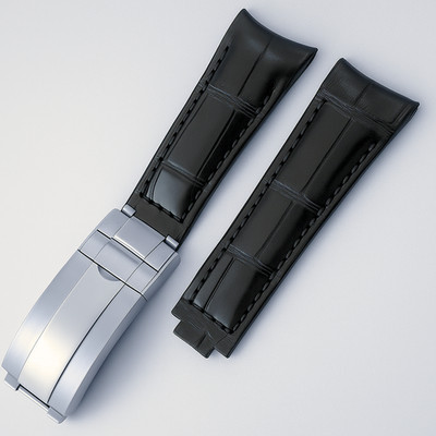 High-Quality Black Leather Watch Band   20mm for Rolex Watches | Steel Clasp