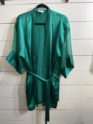 Victorias Secret Gold Label Vintage Womens Green Satin Short Robe Sz ONE SIZE