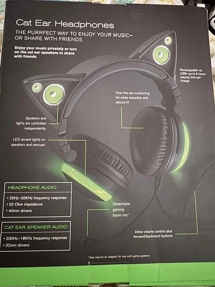 Fones de ouvido Brookstone AXENT WEAR orelha de gato LED verde com fio novo lacrado - Imagem 3 de 4