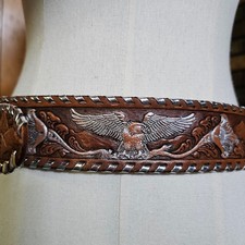 Vtg 80s Tooled Whipstitch Grain Leather Silver Eagle Sun Western Cowboy Belt 34