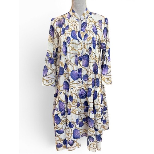Ayfëe Florence Cotton Gauze Seashell Rope Purple Print Tiered Dress M