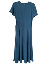 Zara Dress Size M Teal Blue Flowy Short Sleeve Side Ties A-Line Fit n Flare
