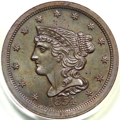 1854 c-1 PCGS MS62 BN Braided Hair Half Cent Copper Coin 1/2c