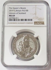 2019 PLATINUM GREAT BRITAIN 100 POUNDS UNICORN OF SCOTLAND 1oz NGC MINT STATE 69