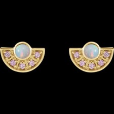 14K Yellow Gold Natural Ethiopian Opal & Pink Sapphire Fan Stud Earrings. STU