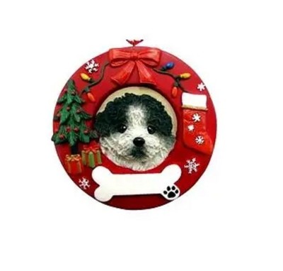 Blk  & Wh Shih Tzu-Wreath Shaped Christmas Ornament w/Bone for Name-Puppy Cut