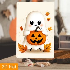 Halloween Cute Ghost Pumpkin Metal Tin Sign Autumn Leaves Home Decor Wall Art