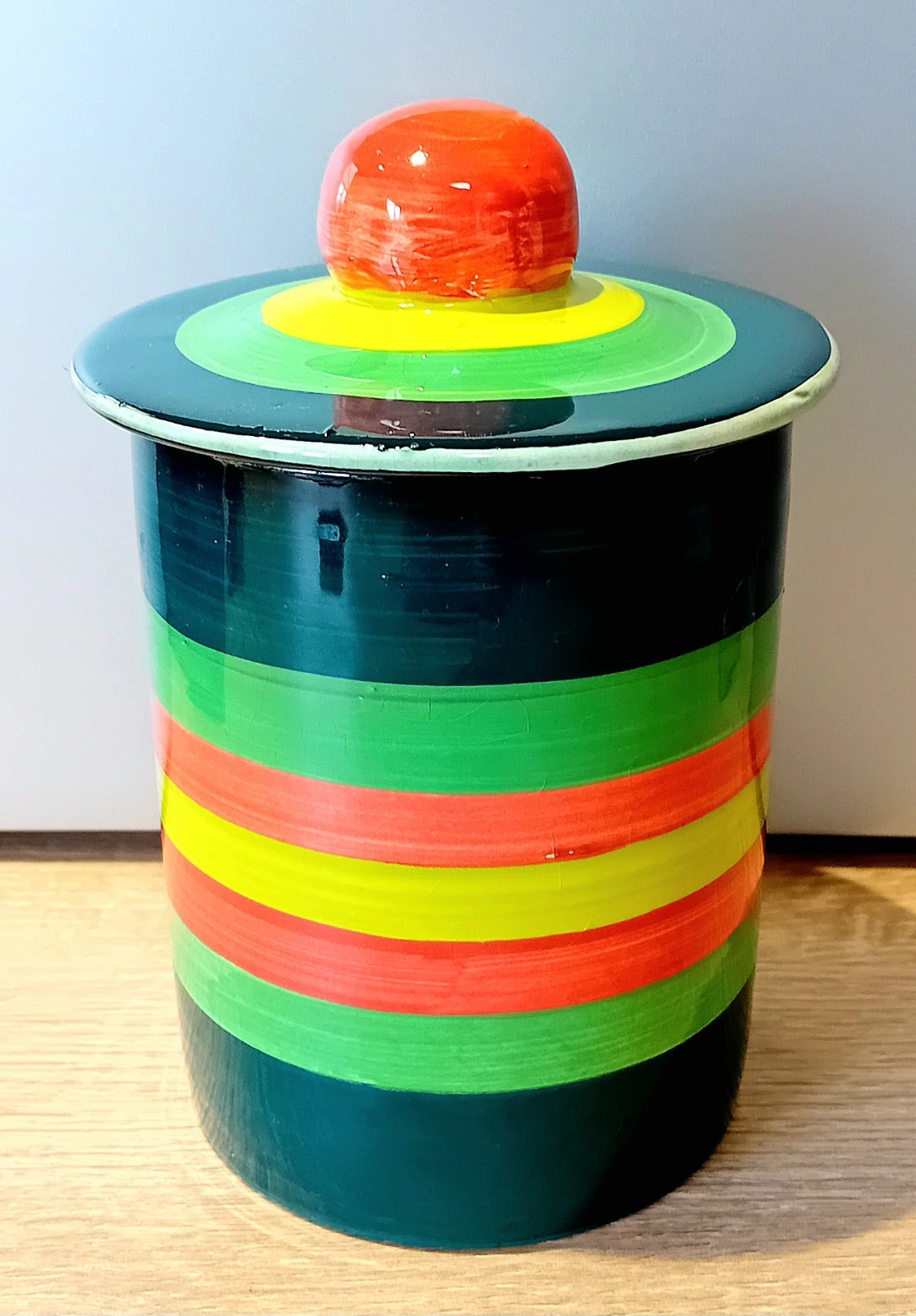 Vintage/Retro Reckless For Liberty 1995 Stripey Lidded Storage Jar/Pot In Green