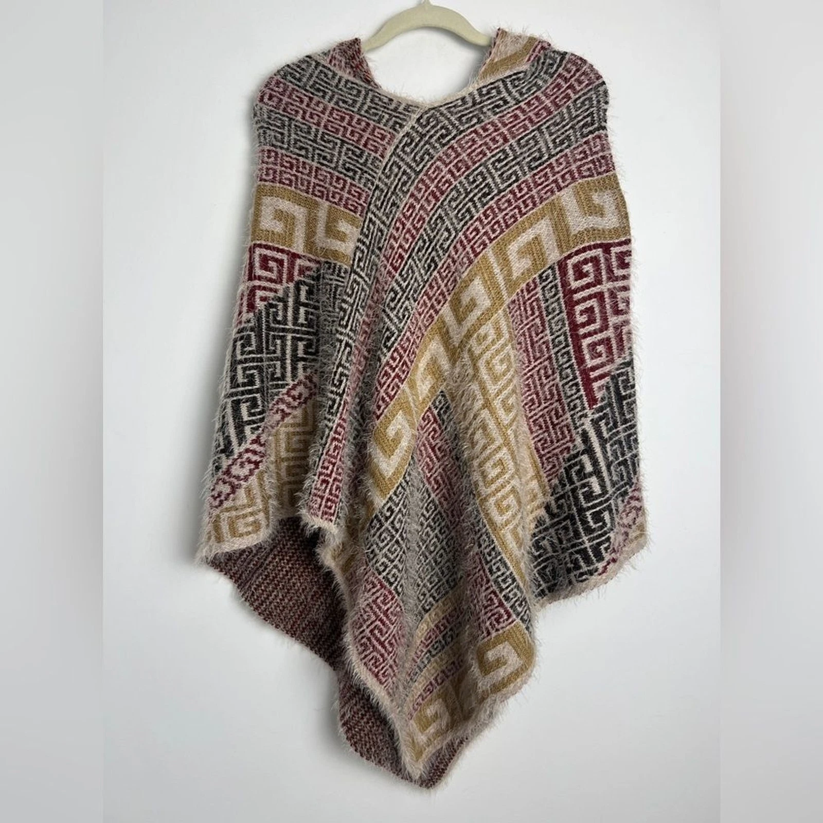 Aztec Pattern Autumnal Colors Eyelash Fabric Women's Boho Hooded Poncho Cape
