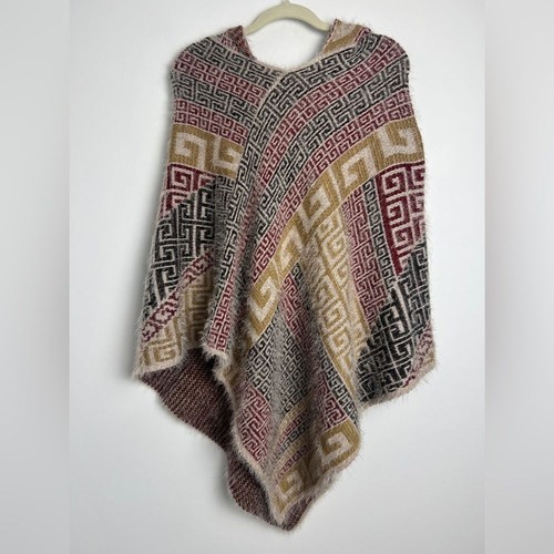 Aztec Pattern Autumnal Colors Eyelash Fabric Women's Boho Hooded Poncho ...