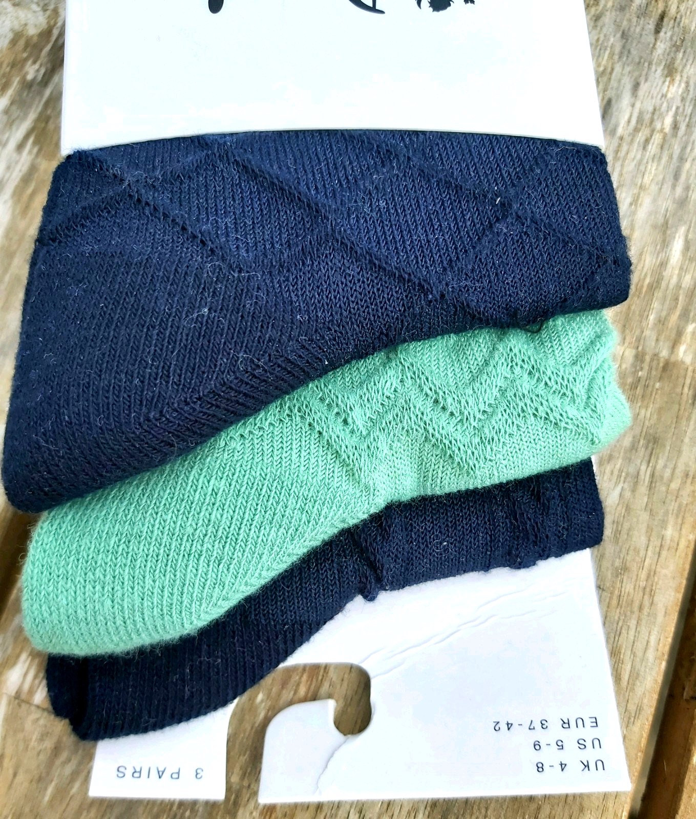 3 PAIRS : PRINGLE Textured Knit Navy / Mint Crew SOCKS 4-8 , 37-42 Cotton