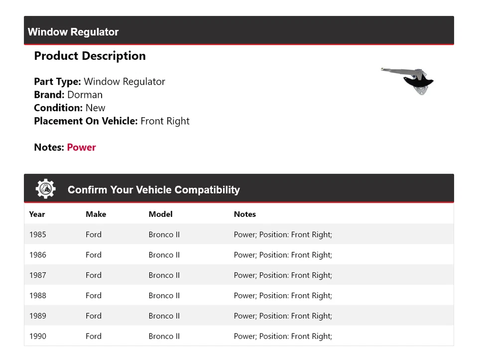 适用于 1985 - 1990 年福特野马 II Dorman 车窗调节器右前 1986 1987 年 1988 — 第 2/4 张图片