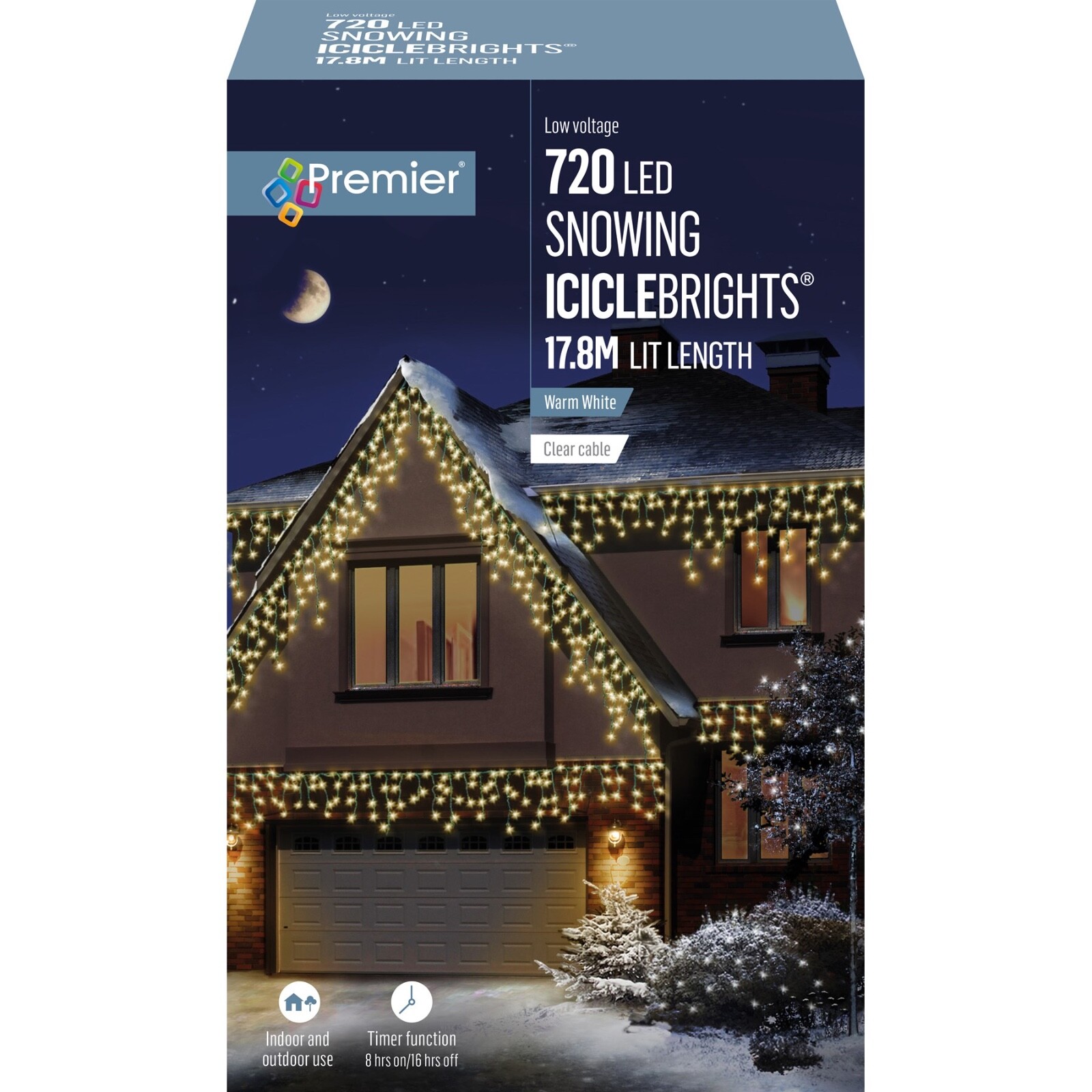 Premier 720 LED Snowing Icicles Multi-Action Christmas Lights Timer WARM WHITE