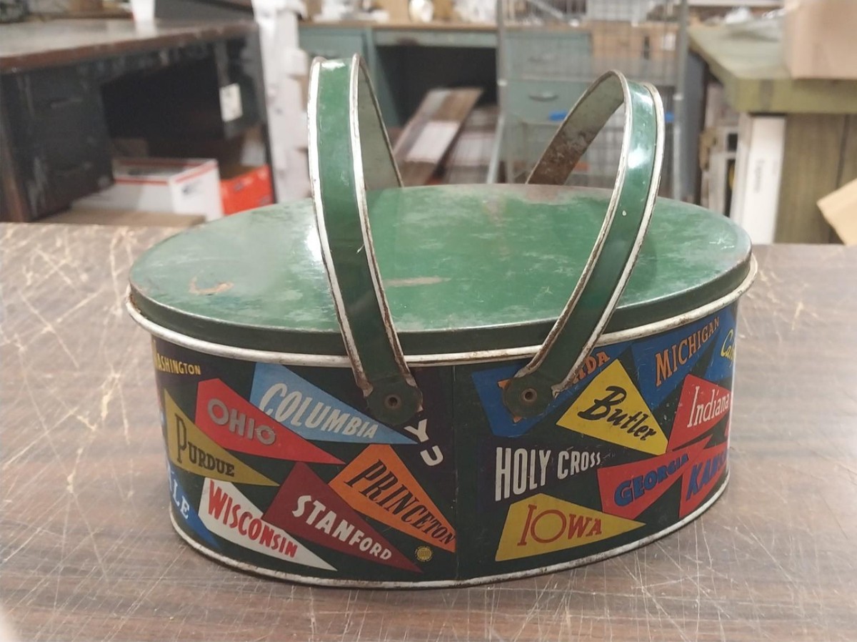 Vintage Oval Metal Tin Basket College Flags Pennant Lunch Box Tote