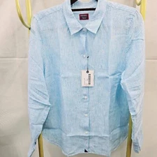 NWT UNTUCKit SHERRY LONG SLEEVE BLUE WHITE PINSTRIPE 100% LINEN SHIRT SIZE 8